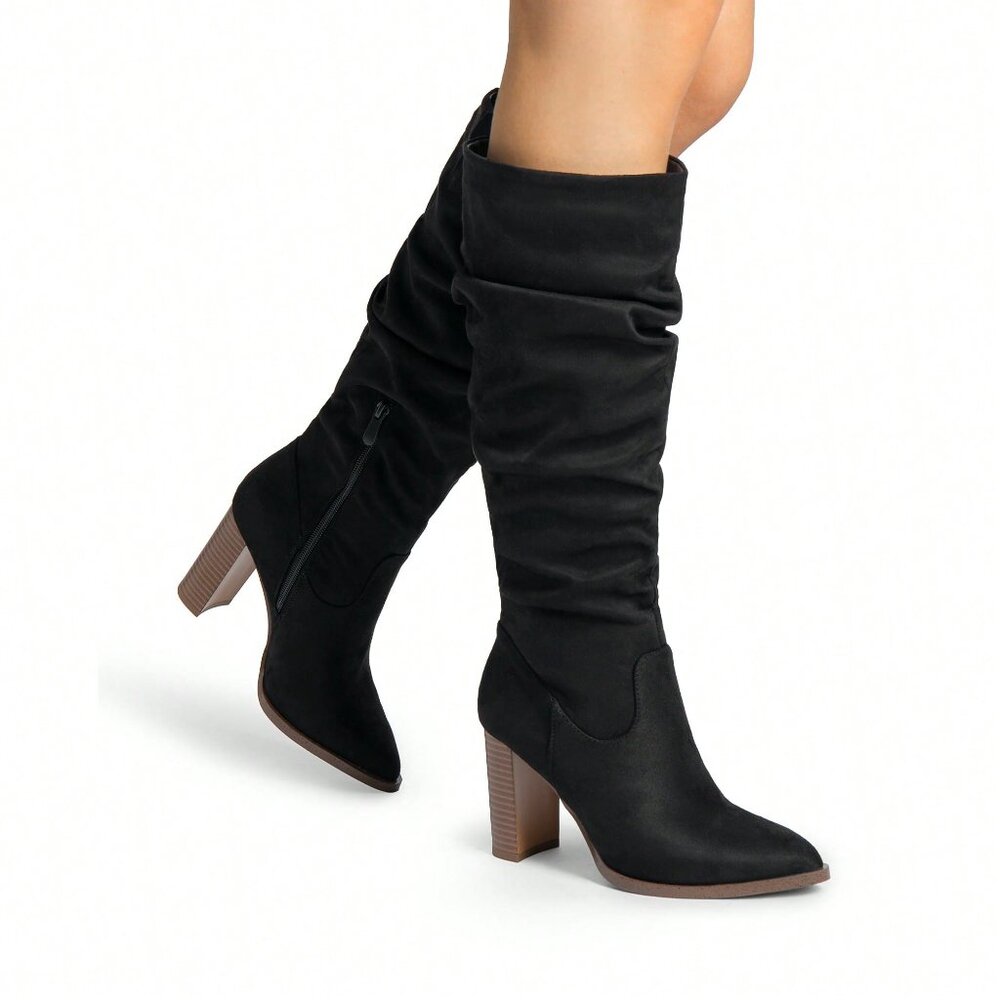 Black Elegant Women's Knee-High Pointed Toe Chunky Block Heel Suede With Side Zi - Picture 2 of 10